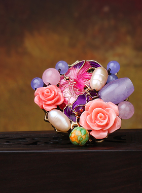 民族风景泰蓝鱼玫瑰女古风指环