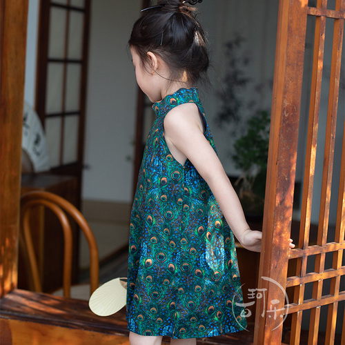 中国风童装女童绿色羽毛无袖旗袍裙2024春夏装新款吊带公主裙宝宝
