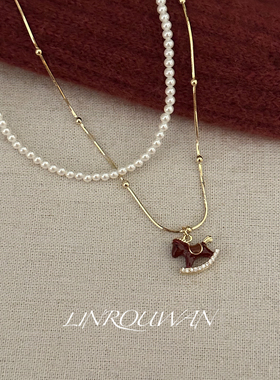 本命红色小马项链叠戴珍珠项链