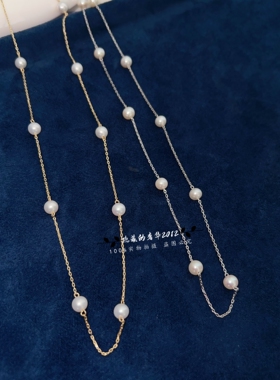 通体925银镀18k金淡水珍珠约6mm强光近圆满天星项链时尚百搭通勤