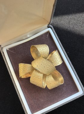中古打标素金立体蝴蝶结胸针别针中古Vintage