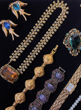 Vintage 中古云纹琉璃Czech老件冰糖Austria莱茵石胸针手链手表