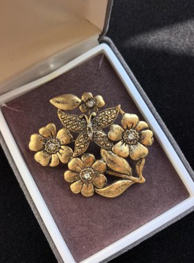 中古vintage素金做旧花卉胸针花园素金胸针