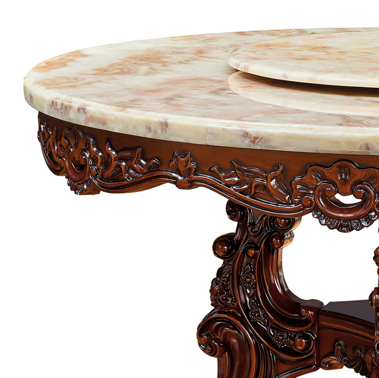 欧式天然大理石餐桌美式实木橡木新古典大园桌奢华圆形餐桌椅组合