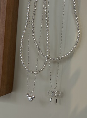 双层珍珠水滴豆豆蝴蝶结吊坠项链女甜美百搭叠戴气质锁骨链颈链女