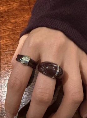 韩国博主同款滴釉戒指宽版黑色珠光白设计感可爱锆石镶嵌食指指戒