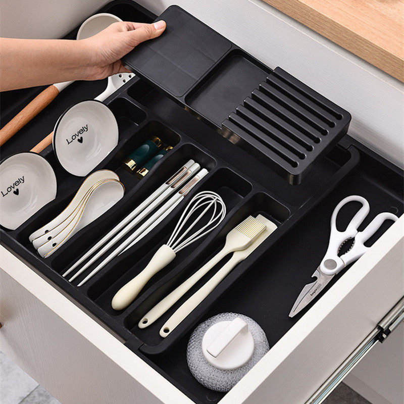 可伸缩厨房刀叉勺收纳盒带分格抽屉餐具刀架一体整理器家用工具盒,淘宝优惠券,粉丝福利购,淘宝优惠卷