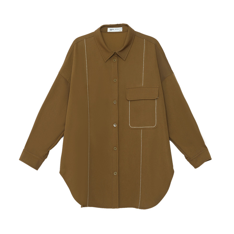 MOVEUP幻走2023秋季新款.FUN系列 撞色米粒绣设计师中长款衬衫女 - 图3