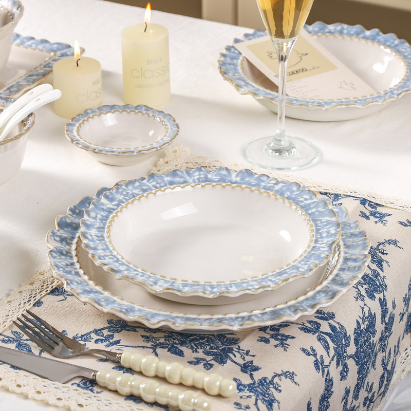 川岛屋烟蓝碗碟套装家用高级感碗盘碗筷组合乔迁法式轻奢餐具套装,淘宝优惠券,粉丝福利购,淘宝优惠卷