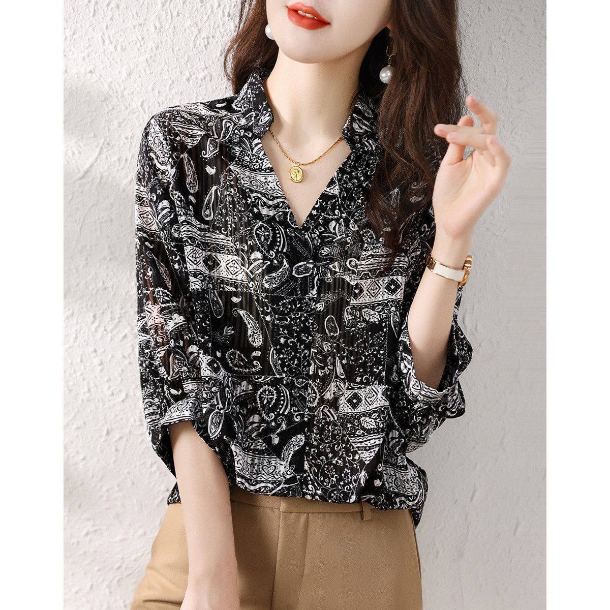 清凉透气雪纺衬衫2025夏季新款民族风印花休闲显瘦V领中袖衬衣,淘宝优惠券,粉丝福利购,淘宝优惠卷
