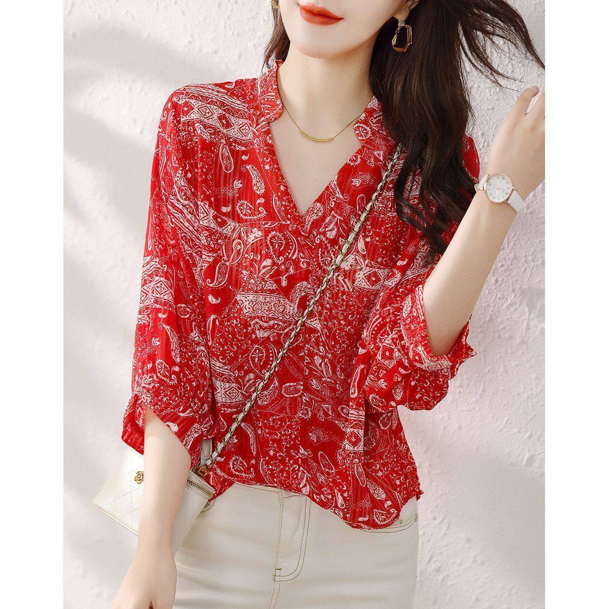 清凉透气雪纺衬衫2025夏季新款民族风印花休闲显瘦V领中袖衬衣,淘宝优惠券,粉丝福利购,淘宝优惠卷