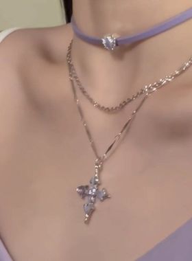 「紫藤十字蝶」紫色皮绳项链2024新款爆款高级感颈链choker锁骨链