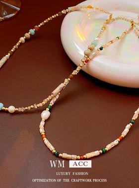 HTZS跨境彩色天然石贝母淡水珍珠项链叠戴轻奢多巴胺串珠链颈链