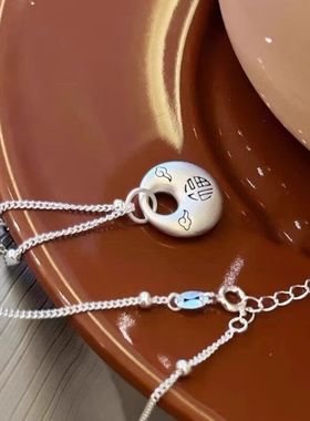 福字祥云平安扣项链女高亮银圆珠间隔链复古国风小众高级感锁骨链