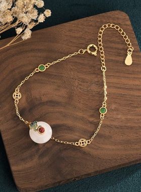 新款鎏金仿和田玉平安扣手链烤蓝工艺镶嵌铜镀金宫廷复古风手饰