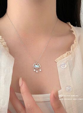 HTZS跨境S999纯银月国风精致光石同心锁项链女平安锁轻奢锁骨链