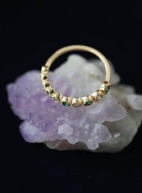 HTZS跨境新款镀金戒指女渐变绿锆石戒子复古轻奢绿花环开口指环