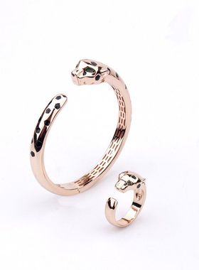 银手镯女999足银复古创意光身滴胶豹子欧美风格百搭戒指轻奢男女