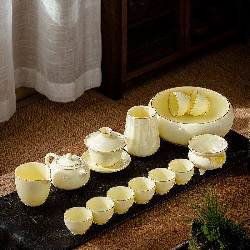 Suet Jade Gemstone Yellow Kung Fu Tea Set Home Office Tea Maker Cover Bowl Teacup Gift Box Gift Wholesale