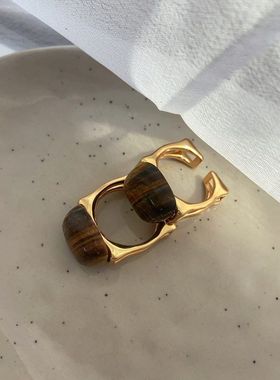 Htzs跨境琥珀方形戒指春天复古虎眼石金色指戒轻奢高级感配饰指环