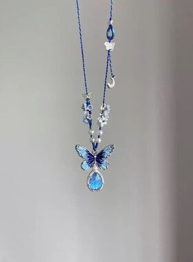 【繁花蝶梦】蓝色水滴吊坠蝴蝶繁花项链2024新款个性简约百搭项链