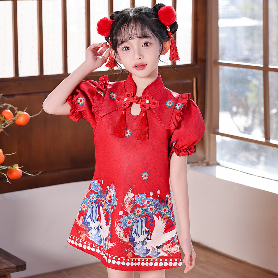 元旦儿童喜庆中国风红旗袍演出服女幼儿灯笼梦娃舞蹈裙元日表演服,淘宝优惠券,粉丝福利购,淘宝优惠卷