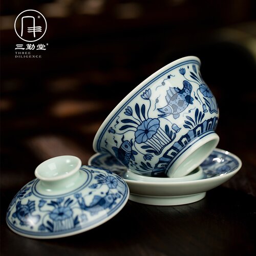 三勤堂青花手工盖碗三件套景德镇复古陶瓷鱼藻纹功夫茶具高端手绘 - 图2