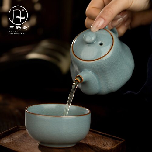 三勤堂汝窑茶壶景德镇陶瓷开片单壶功夫茶具泡茶器家用过滤南瓜壶 - 图2