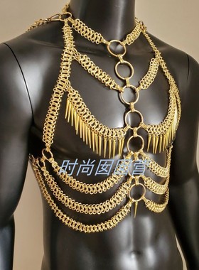 欧美男士8字链铆钉项链 个性重金属胸身体链夜店酒吧演出走秀配饰