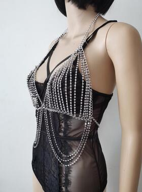 欧美流行身体链N2251朋克金属水钻银色胸链夜店舞台演出拍摄饰品