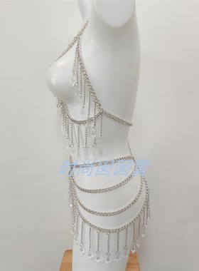 欧美跨境性感亚克力亮片水晶吊坠项链个性金属链时尚镂空身体链