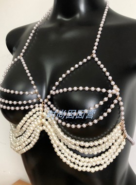 欧美跨境新款多层珍珠挂脖项链个性时尚混色珍珠小背心胸链身体链