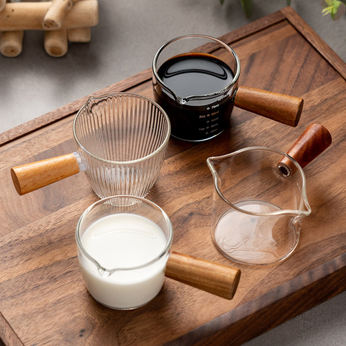 onlycook 木柄玻璃小奶盅咖啡萃取杯盎司杯 奶罐浓缩液带刻度量杯 - 图3