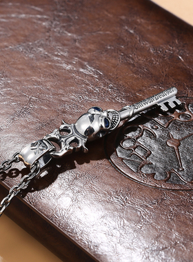 S925纯银钥匙项链男欧美时尚潮男骷髅头卫衣链挂坠男嘻哈潮牌挂件