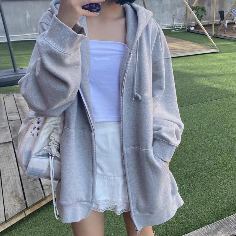 Oversize Women Hoodies 2022 New Casual Solid Zip Up Hooded S-图0