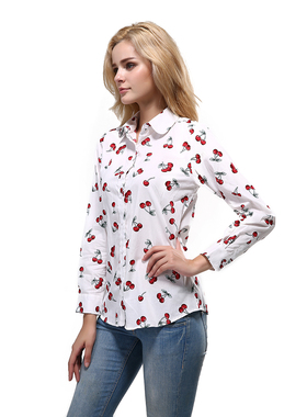 Women Shirts Long Sleeve Cotton Blouse Fashion Print Cherry