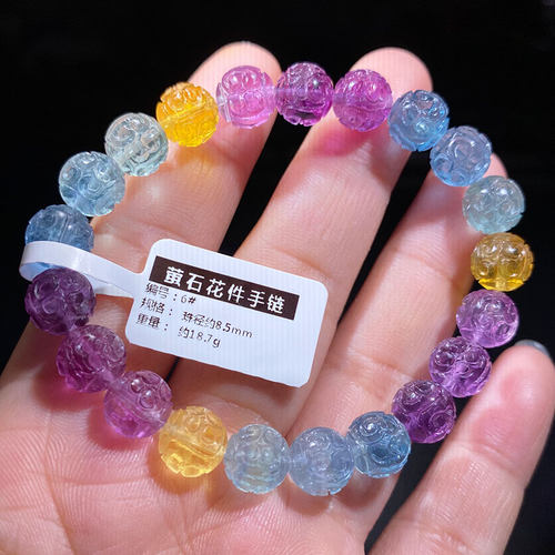 天然彩虹萤石回纹珠手链富贵不尽头富无止境雕刻花件手串一物一证 - 图0