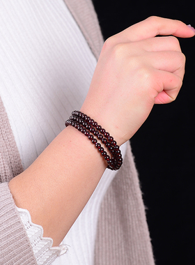 包邮石榴石三圈手链黑云母手腕带