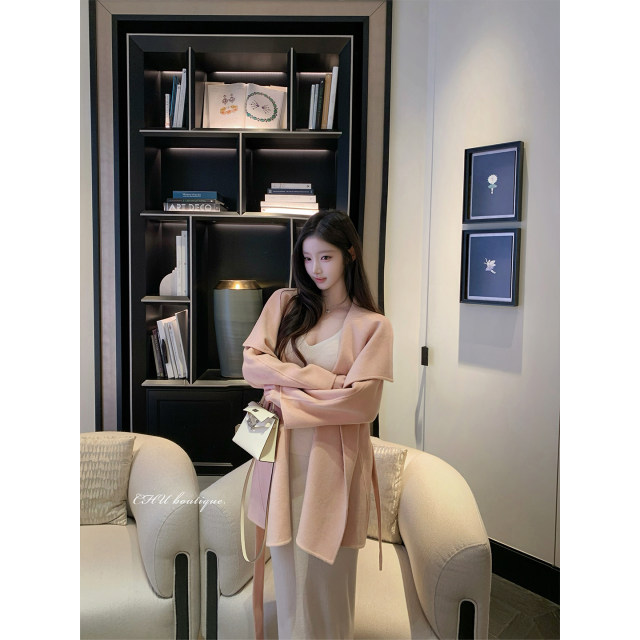 CHU小初/新贵 美人大衣/桑蚕丝羊绒羊毛中长款系带双面尼