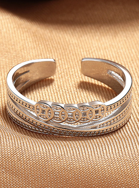 S925纯银五帝钱国潮风小众设计复古戒指钱币开口食指环招财转运女