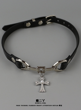 十字架皮质choker项圈朋克锁骨链