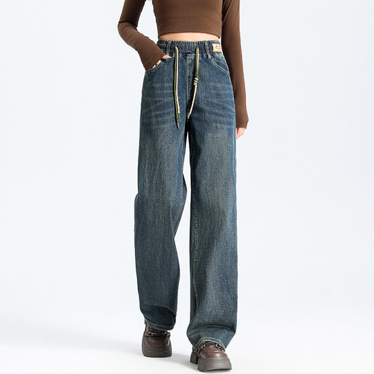 加绒加厚松紧腰直筒牛仔裤女冬季新款大码羊羔绒特厚窄版阔腿裤女