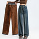 加绒加厚松紧腰直筒牛仔裤女冬季新款大码羊羔绒特厚窄版阔腿裤女