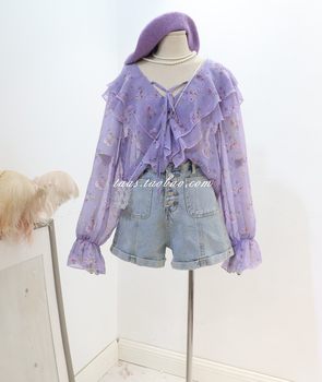 Purple Fairy Ruffled Advanced Printed Sunscreen Top 2024 Summer Girls French Romantic Gentle Chiffon Top