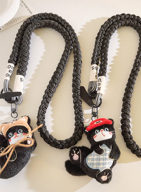 奶牛黑猫手机链条斜挎黑色小包链