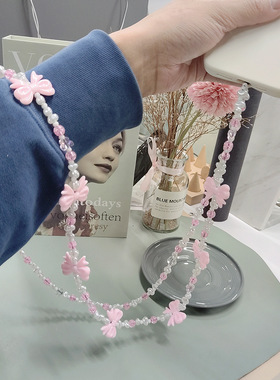 粉红色蝴蝶结手机链斜跨小包挂链
