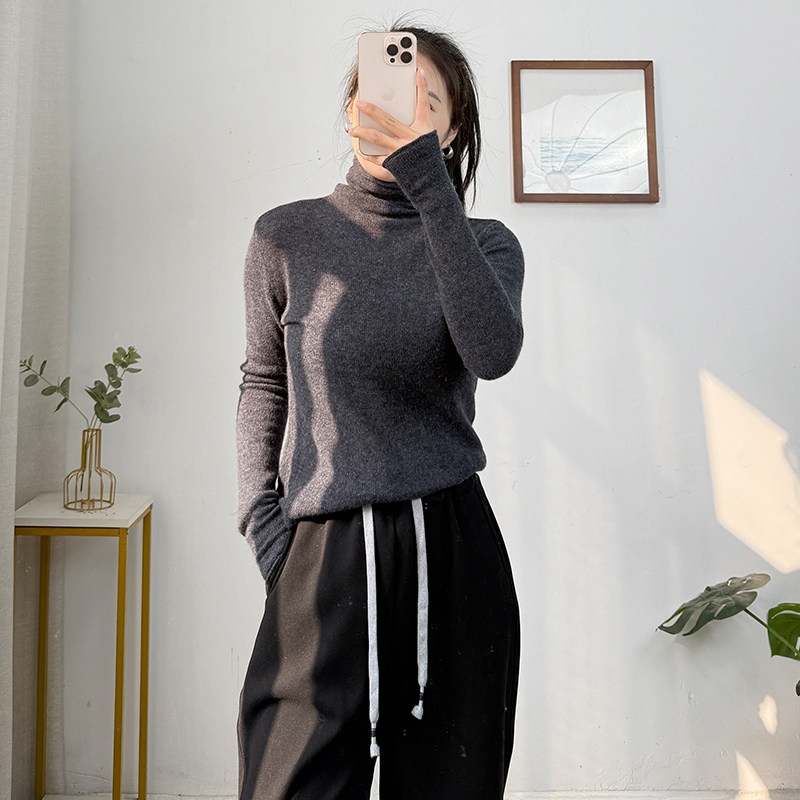 软糯~27山羊绒+73绵羊毛打底衫冬季款修身内搭保暖高领套头毛衣女 - 图1