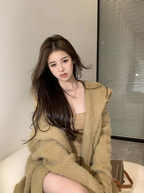 Soft and glutinous pure desire mink sweater cardigan women's winter Korean version loose khaki hair