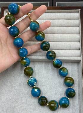复古油画风20M蓝绿渐变星球圆珠项链女轻奢撞色彩纹串珠锁骨链