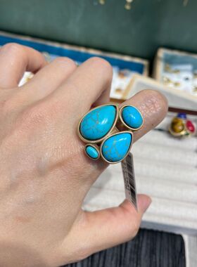 法式轻奢蓝松虎眼红绿玛瑙石戒指亚马逊热销几何中古vintage首饰